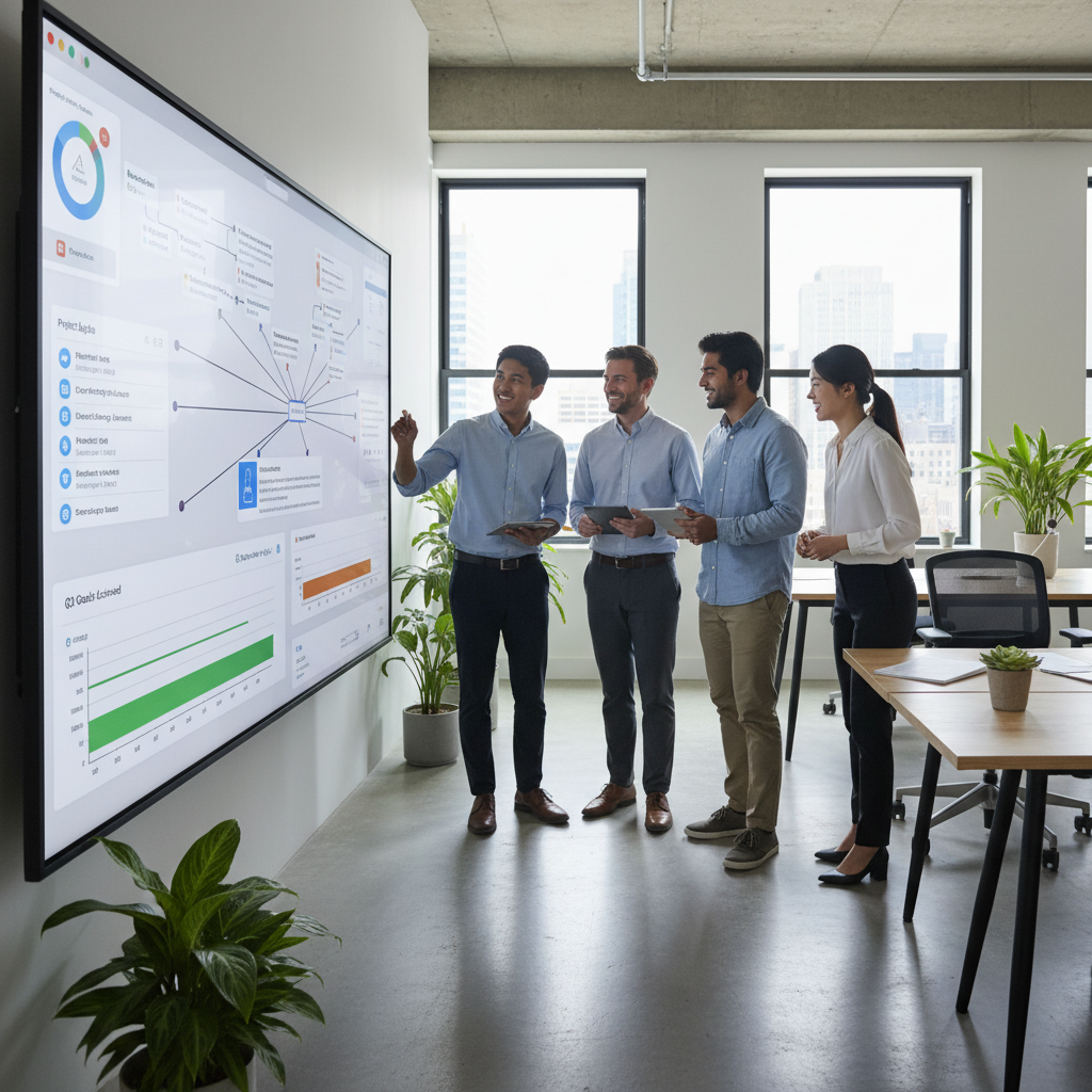 A diverse team of office workers smiling and collaborating around a large digital display showing automated workflow charts and task management software. The setting is a modern, brightly lit office, with a focus on technology making work easier. Photorealistic, high detail.
