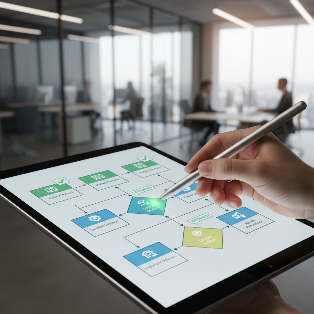 A close-up, high-angle shot of a hand using a stylus to interact with a tablet displaying a complex yet clean business process flowchart. The screen shows various interconnected steps with green checkmarks indicating optimization. In the background, a blurred modern office environment suggests ongoing work. Photorealistic, detailed, soft lighting.