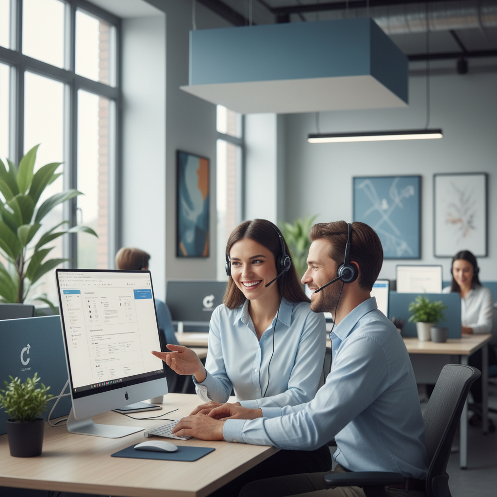 A friendly customer service representative smiling and helping a customer via a headset, in a modern, bright office setting. The focus is on helpfulness and positive interaction. photorealistic, high detail
