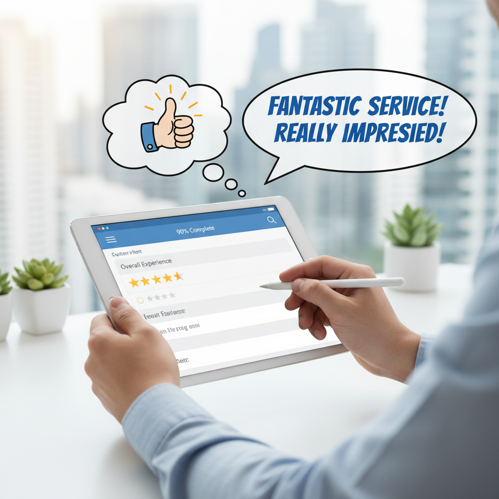 A person filling out a customer satisfaction survey on a tablet, with a thought bubble above showing a thumbs up and a speech bubble with positive feedback. The setting is clean and modern, emphasizing user input. photorealistic, high detail