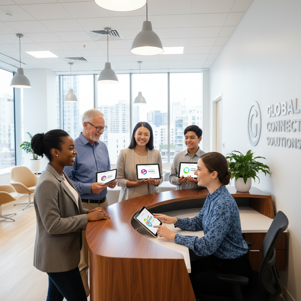 A diverse group of smiling customers interacting happily with a friendly customer service representative in a modern, brightly lit office environment, showcasing personalized engagement.