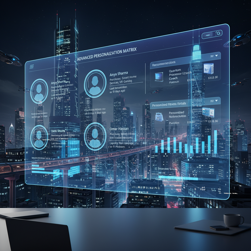 A futuristic digital interface displaying various customer profiles with personalized data points and tailored product recommendations, set against a backdrop of a city skyline, emphasizing advanced personalization technology.