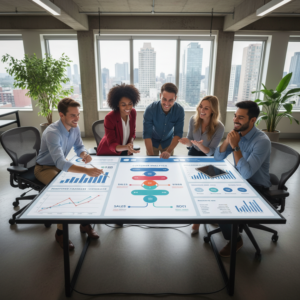 A diverse business team of four, two men and two women, looking at a large interactive digital dashboard displaying customer analytics, sales funnels, and marketing campaign performance. They are smiling and engaged in a discussion in a modern, brightly lit office, high-angle shot, photorealistic.